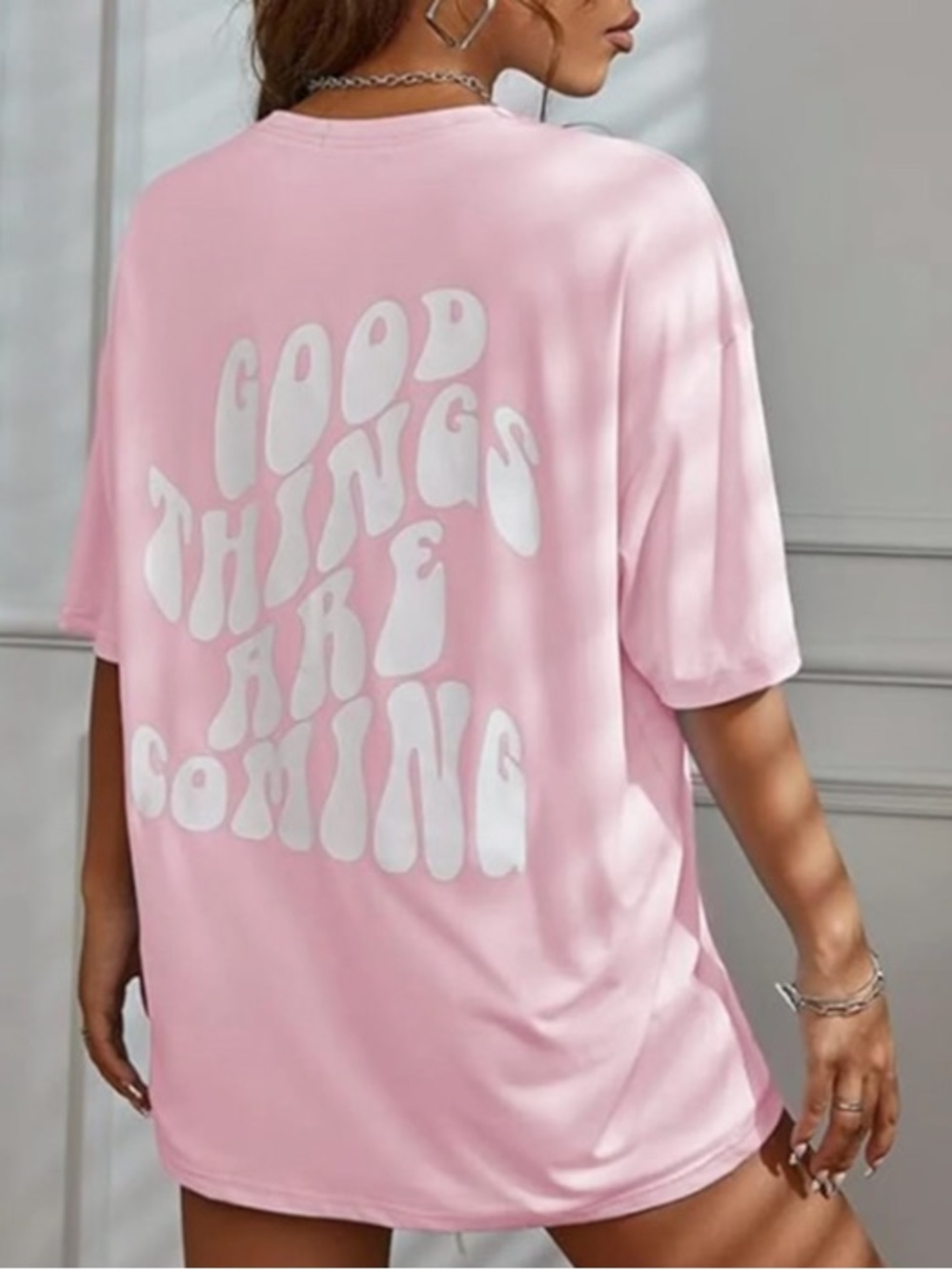 NWOT SHEIN Good Things Are Coming Pink Graphic Oversized Tee Size M (US 6)